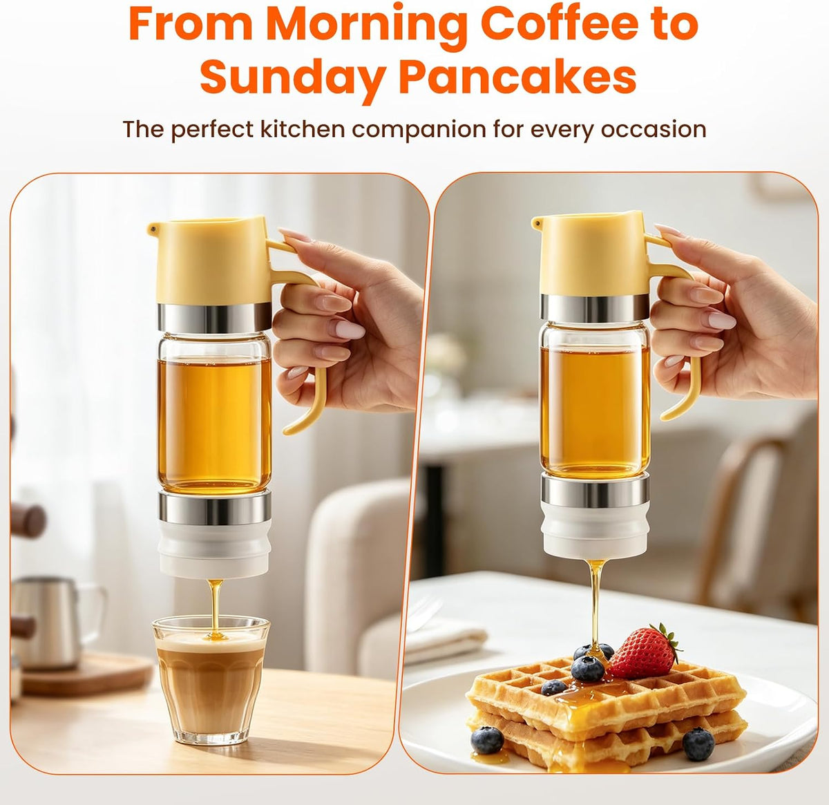 Glass Honey Dispenser Push-Button with Handle (Yellow), No Drip Glass Jar, Leak-Proof Bottom: One-Handed Press to Serve Honey or Syrup onto Coffee, Tea, Pancakes & Desserts (Yellow, 9, ounces)
