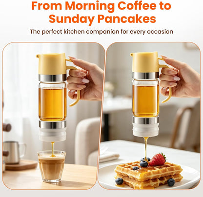 Glass Honey Dispenser Push-Button with Handle (Yellow), No Drip Glass Jar, Leak-Proof Bottom: One-Handed Press to Serve Honey or Syrup onto Coffee, Tea, Pancakes & Desserts (Yellow, 9, ounces)