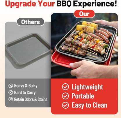 Grilling Prep & Serving Tray, Set of 2 Stackable Plastic BBQ Trays for Raw and Cooked Food, Dishwasher Safe, 17"×10.5" Outdoor Cooking, BBQ Accessories for Parties, Green & Black