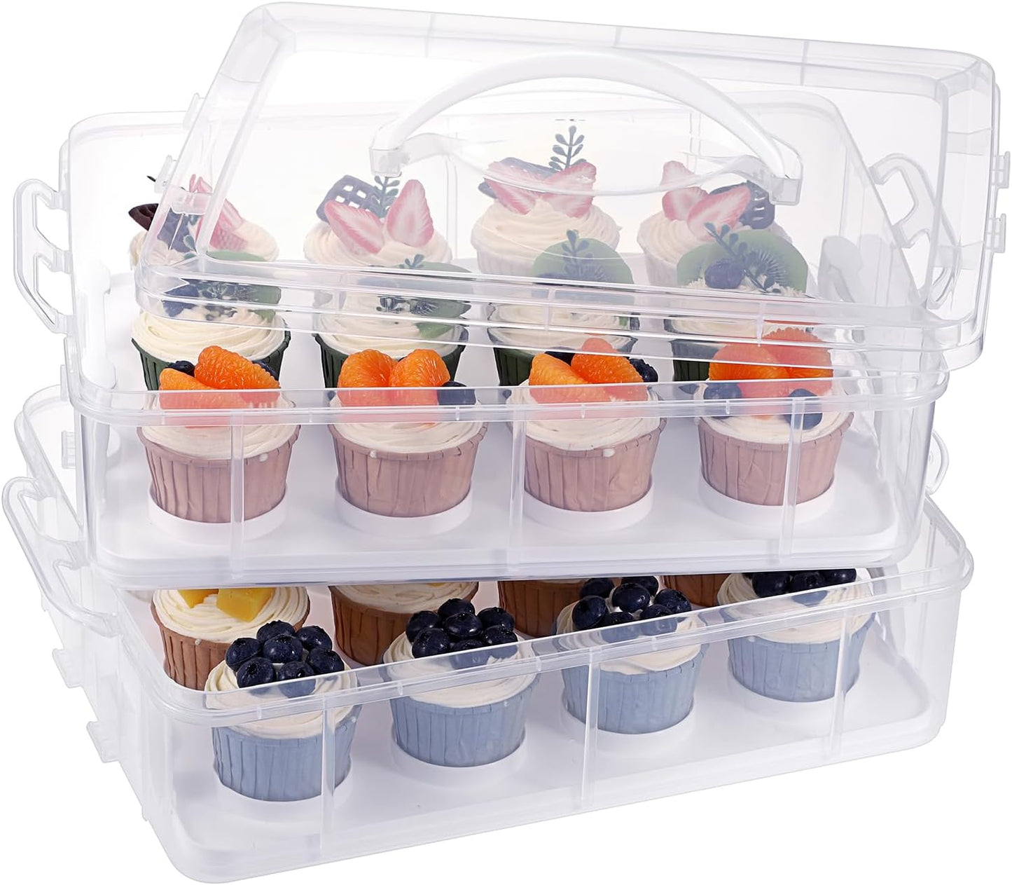 BTSKY 2 Tier Clear Plastic Cupcake Holder with Lid & Handles, Portable Cupcake Carrier for 24 Cupcakes, Stackable Cupcake Storage Container with Convenient Slot Tray Large Plastic Storage Box, White