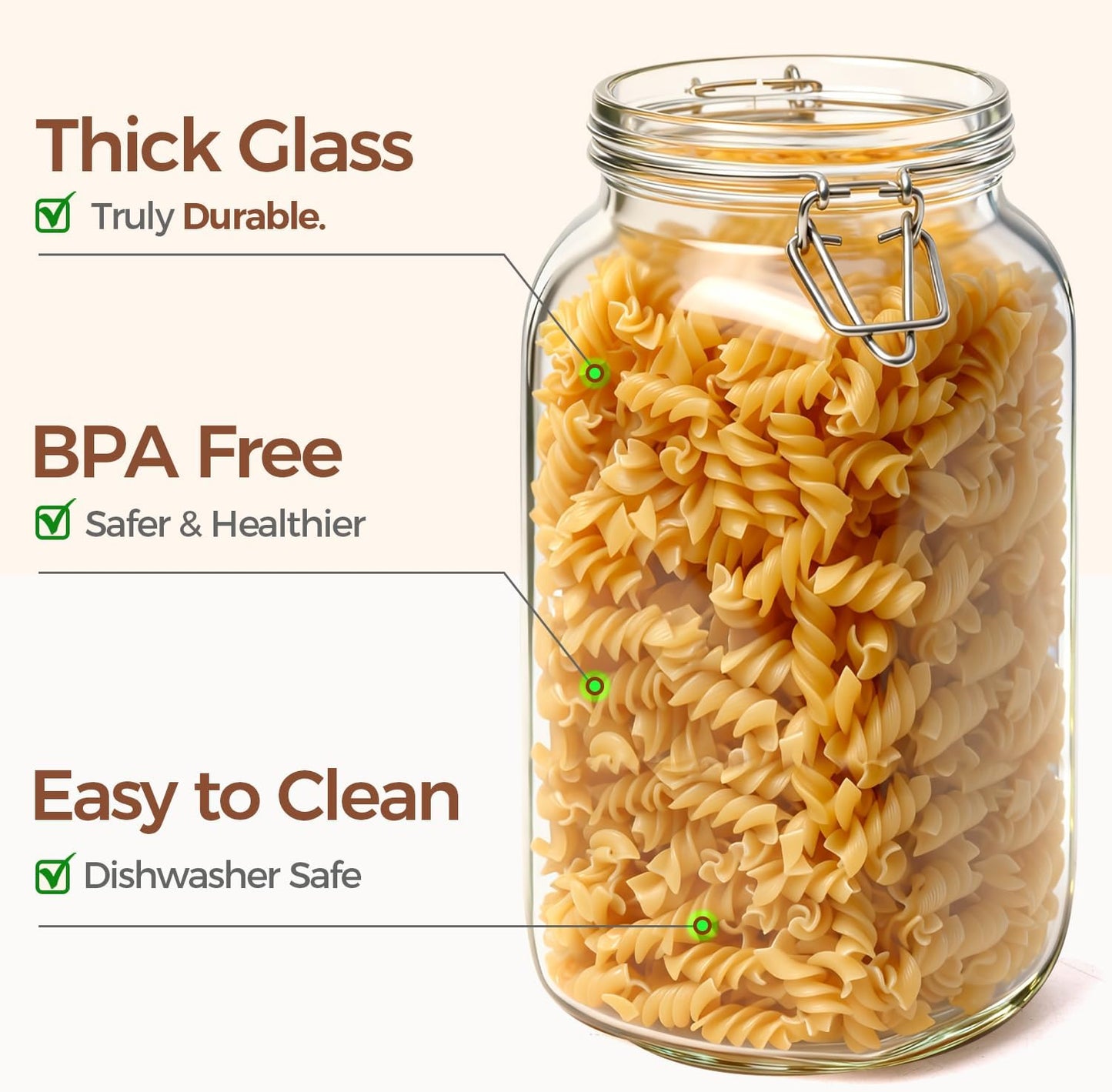 ComSaf Set of 3 Square Glass Jars with Airtight Lids (51 Oz) — Wire Clamp Canisters for Small-Batch Pickling, Kimchi, Bulk Dry Food, Wide Mouth Space Saving Kitchen Pantry Organization Jars
