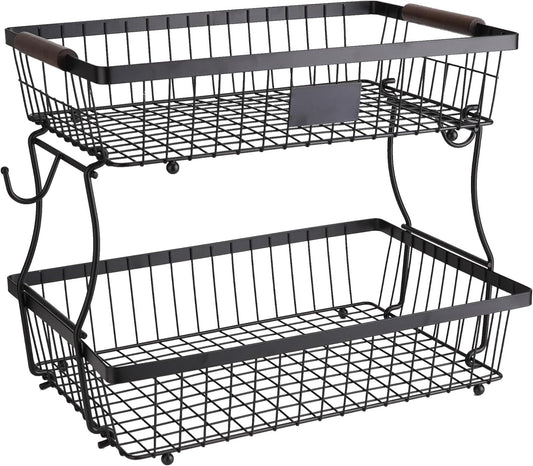 2-Tier Stackable Wire Basket with 2 Banana Hooks, Pantry Organizer for Kitchen Countertops, Cabinets & Under-Sink Spaces; Ideal for Storing Snacks, Fruits, Veggies, Onions, Potatoes, & More,Black