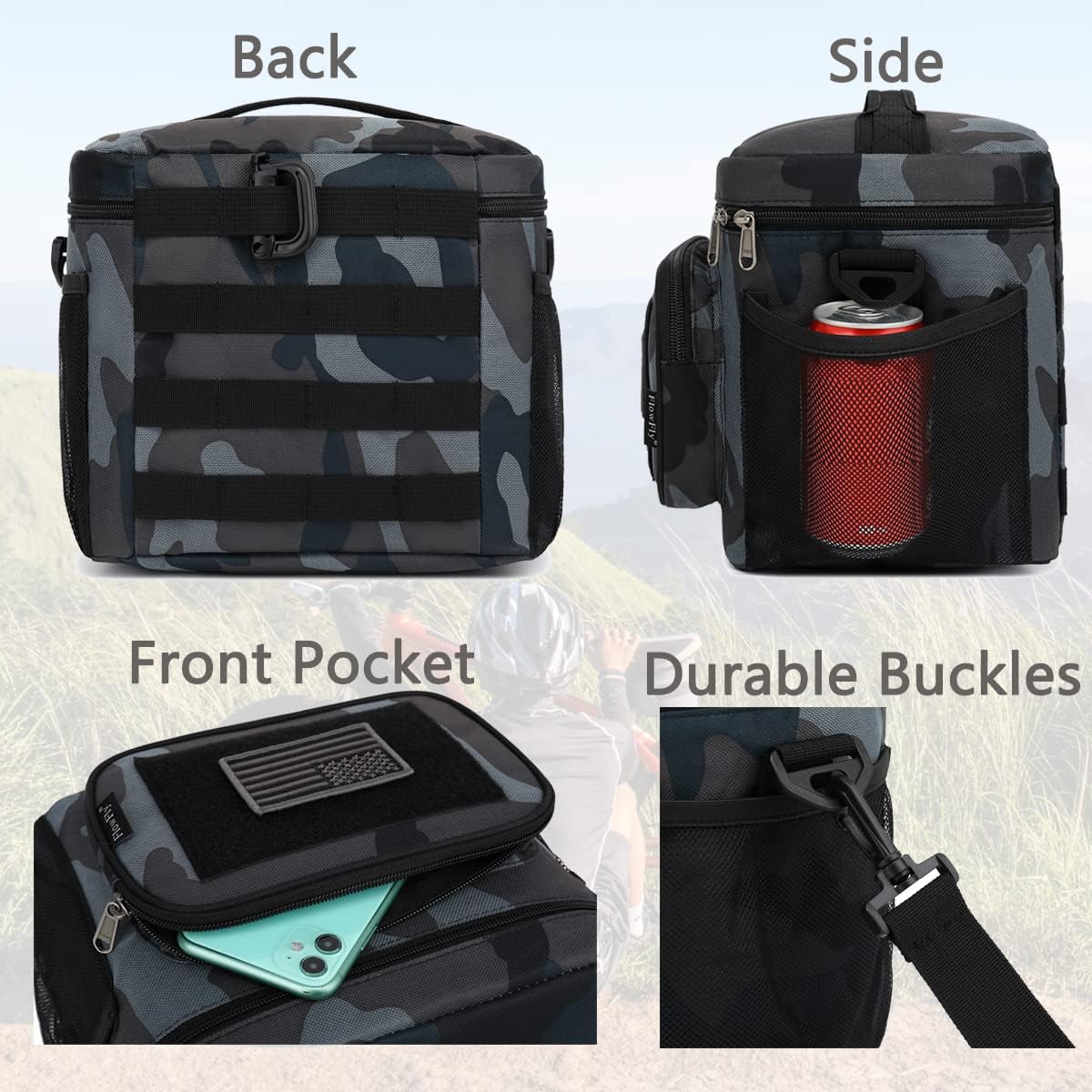 FlowFly Lunch Bag, Insulated Cooler, Thermal Lunch Box Tote with MOLLE/PALS Webbing, Adjustable Padded Shoulder Strap, for Tactical Men Women Adults and Boys Girls Kids (Cyan, Medium)