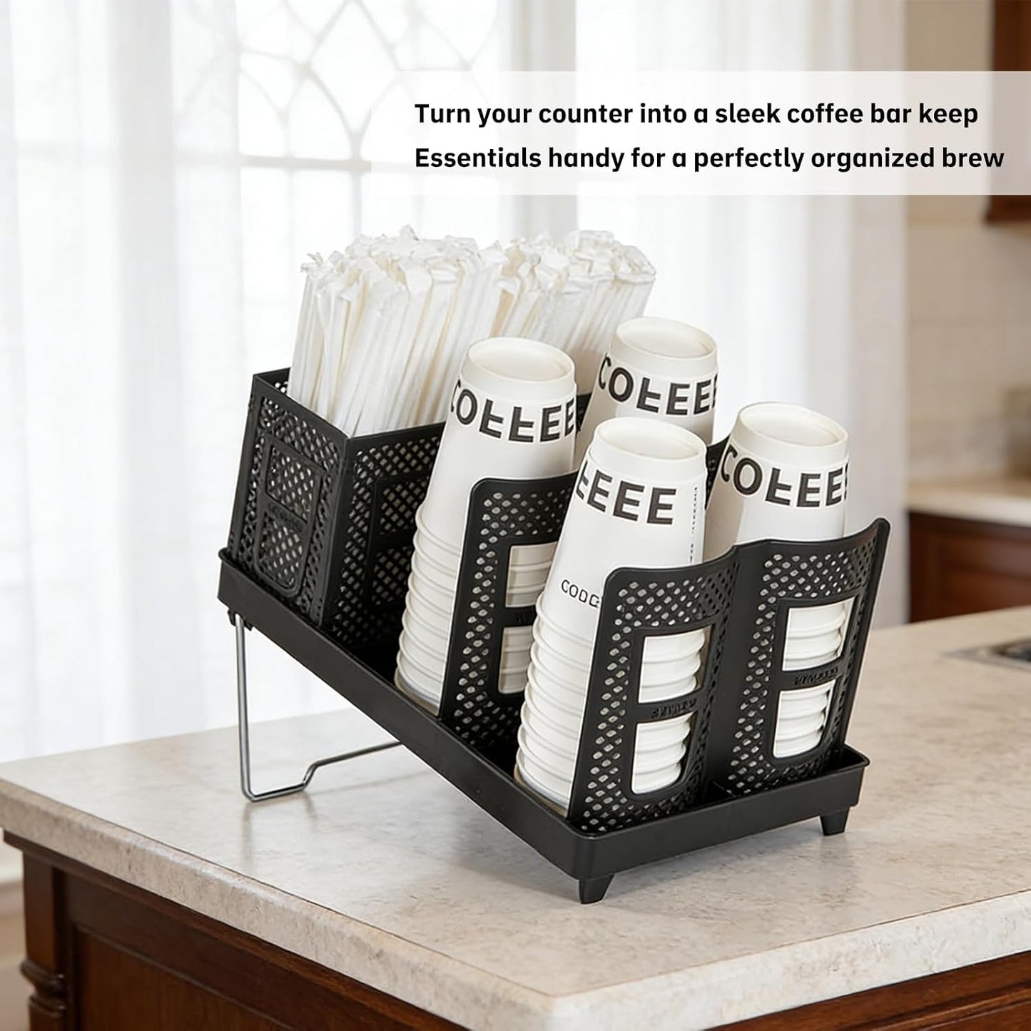 Detachable Paper Cup and Lid Holder, 6 Slots Disposable Cup Dispenser with Straw Organizer, Countertop Organizer for Coffee Station Bar Restaurant Office Breakroom (White)