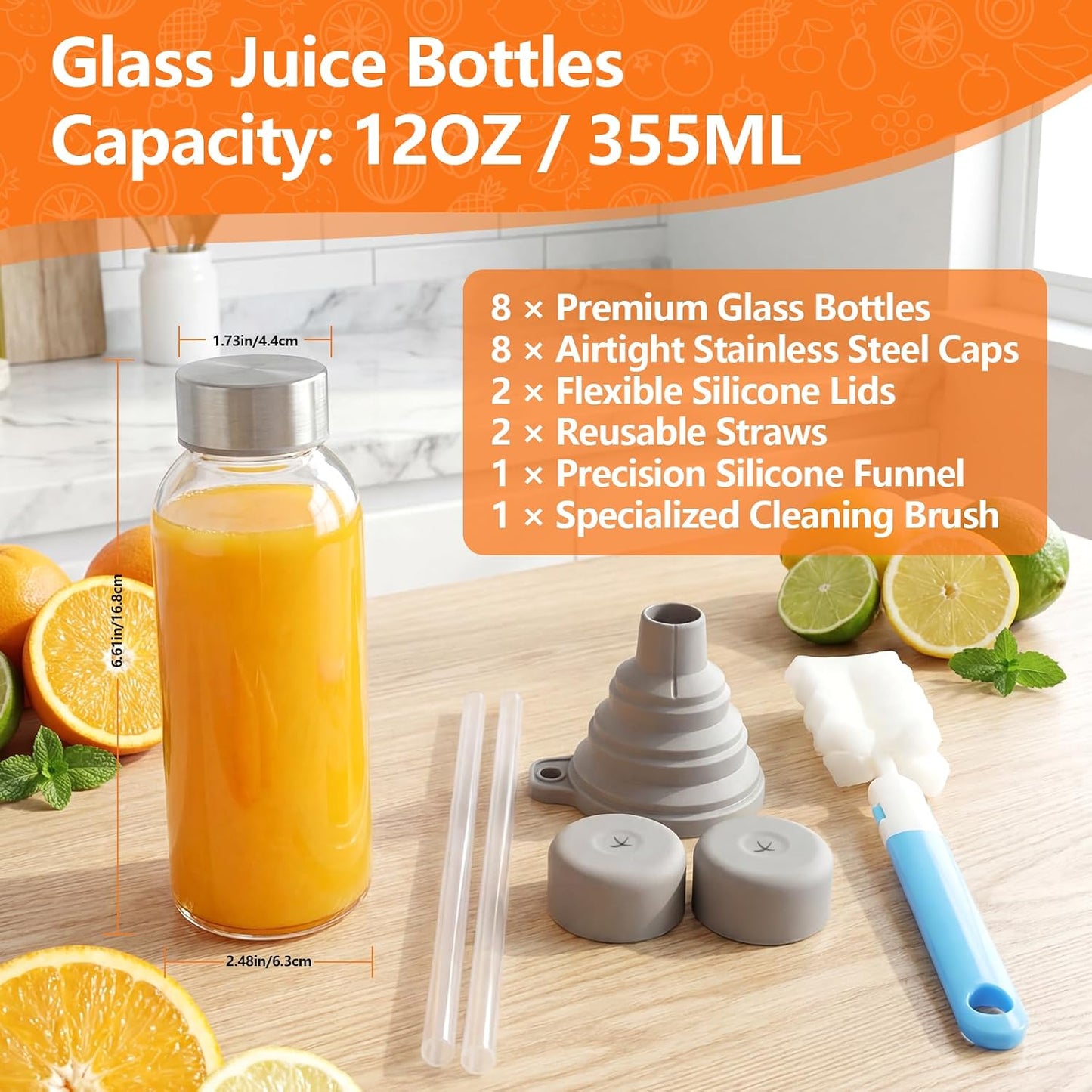 Glass Juice Bottles with Lids 10 oz, 6 Pack Reusable Small Glass Bottles with Stainless Steel Caps & Straws, BPA-Free Leak proof Juice Bottle Containers for Juicing, Milk, Smoothies & Fridge