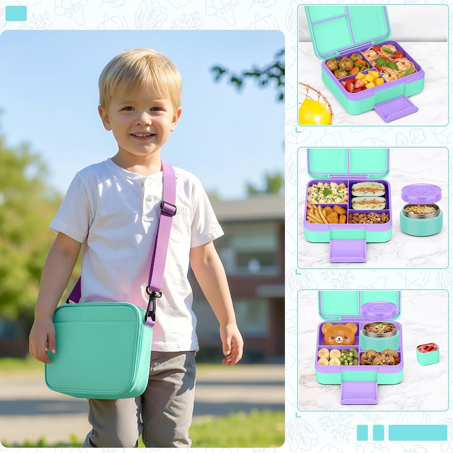 Bento Box Set with 9.5oz Soup Thermo Kids Leak-proof Lunch Box Container with 4 Compartment Stainless Steel Insulated Hot Food Jar with Bag for School Travel - Pink