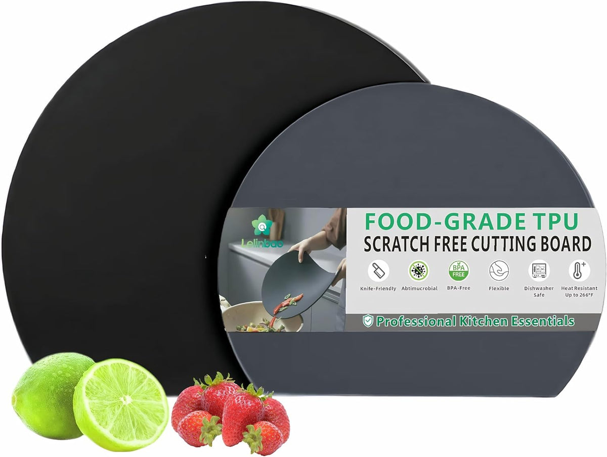TPU Cutting Boards, Flexible, Non-slip Chopping Boards for Kitchen, Knife-Friendly & Dishwasher Safe Cutting Mat for Meat, Vegetables & Fruits (2PCS, Gray/Black-D Shape)