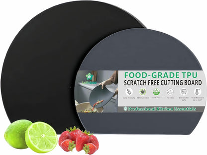 TPU Cutting Boards, Flexible, Non-slip Chopping Boards for Kitchen, Knife-Friendly & Dishwasher Safe Cutting Mat for Meat, Vegetables & Fruits (2PCS, Gray/Black-D Shape)