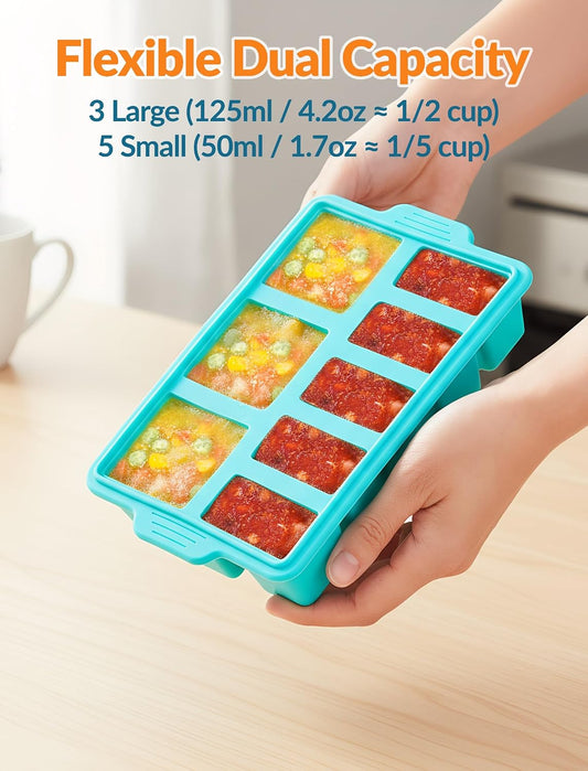 NiHome Silicone Freezer Tray with Lid – 8 Compartment 125ml & 50ml Portions, Steel Reinforced Frame, Easy Release, Food Storage for Soups, Sauces, Meal Prep (1 PC)