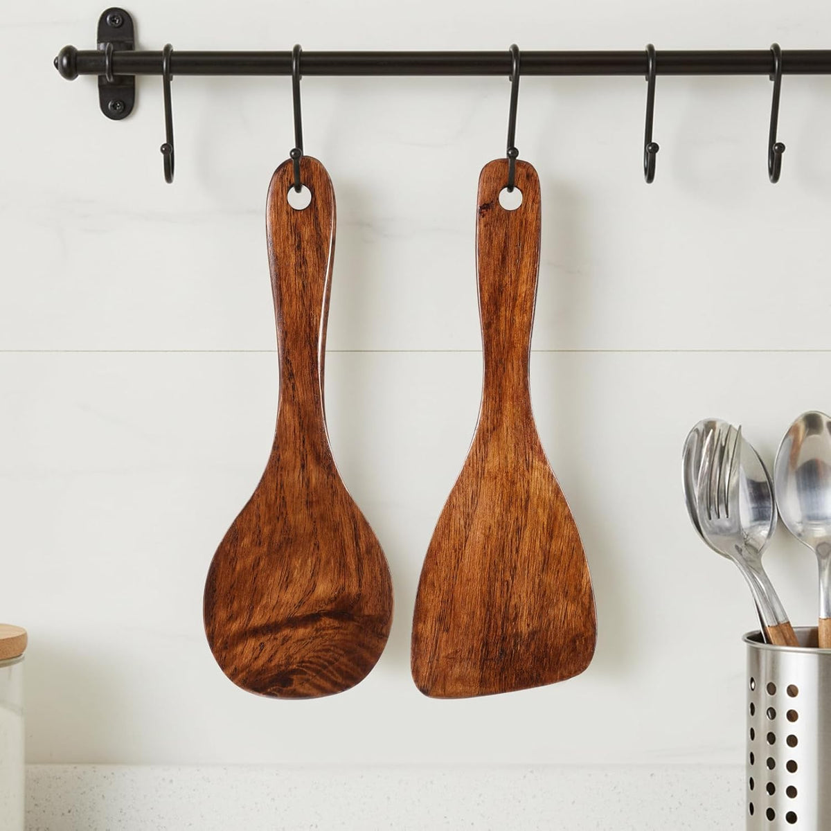 2Pcs Wooden Serving Scooper, Rice Paddle Set,