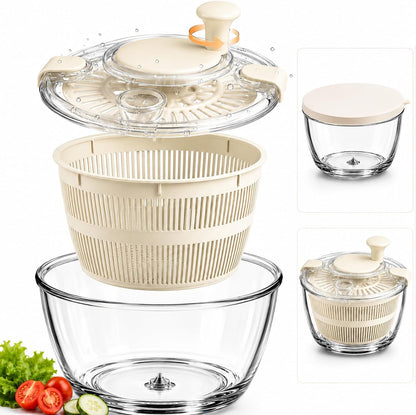 Large 5.2 Qt Glass Salad Spinner with Storage Lid Glass Bowl Black
