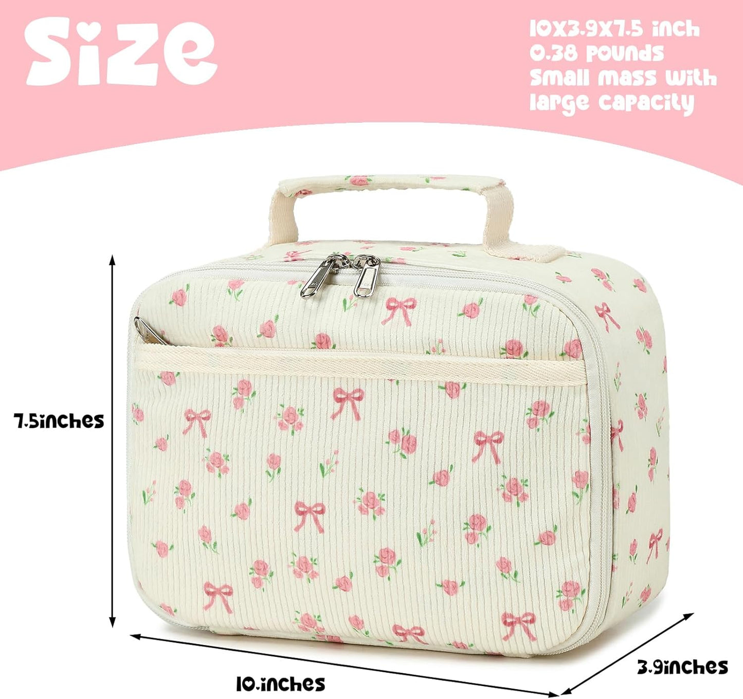 Bluboon Insulated Lunch Bag for Girls & Boys, Corduroy School Lunch Box with Cooler & Organizer Compartments, Leak-Proof Lunch Tote for School, Travel (Corduroy Strawberries Beige)
