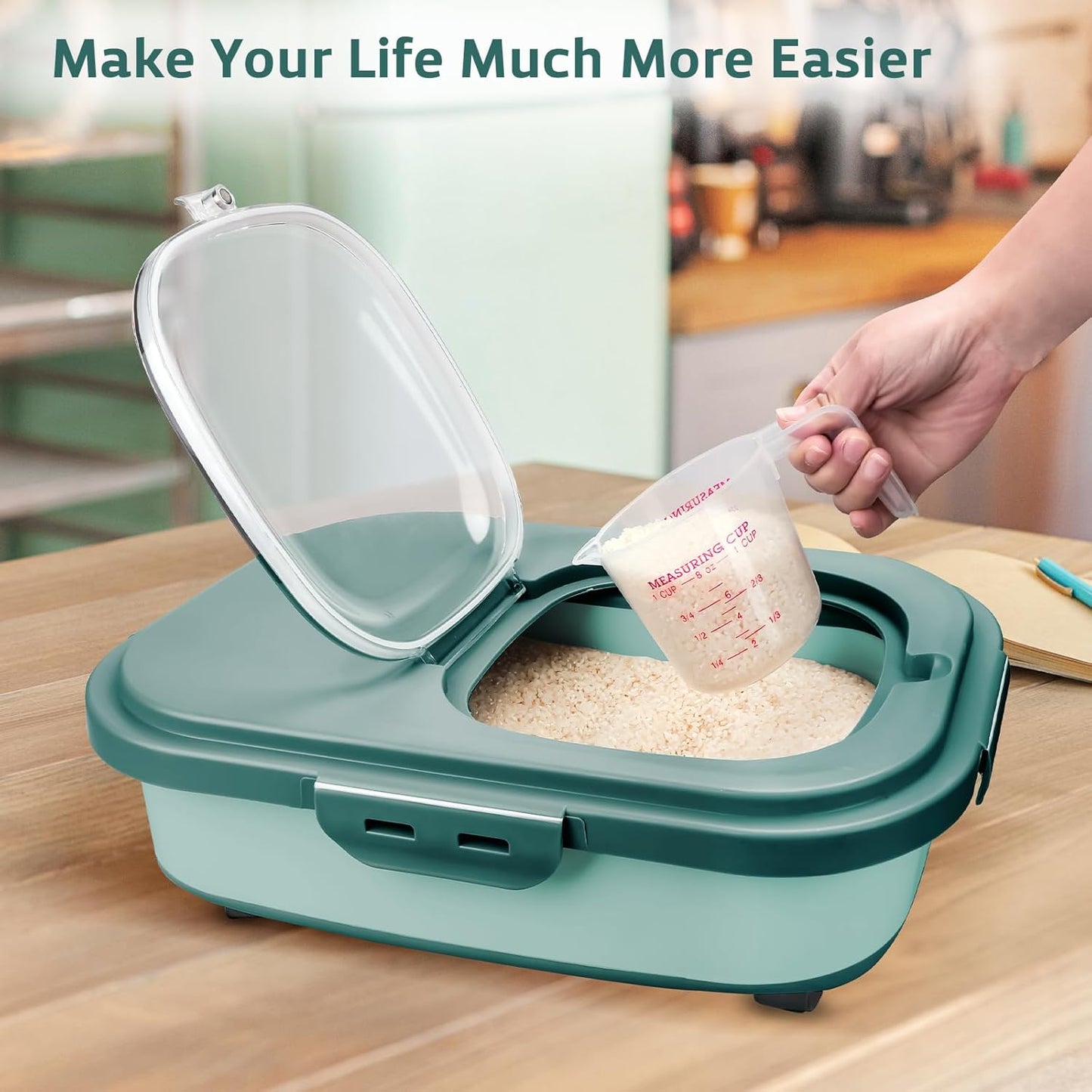 Komzon Rice Storage Containers, Collapsible 20 to 30Lbs Food Storage Bin Dispenser with Rolling Wheel and Clear Airtight Lid, BPA Free Flour, Sugar, Cereal and Dog Cat Pet food Containers
