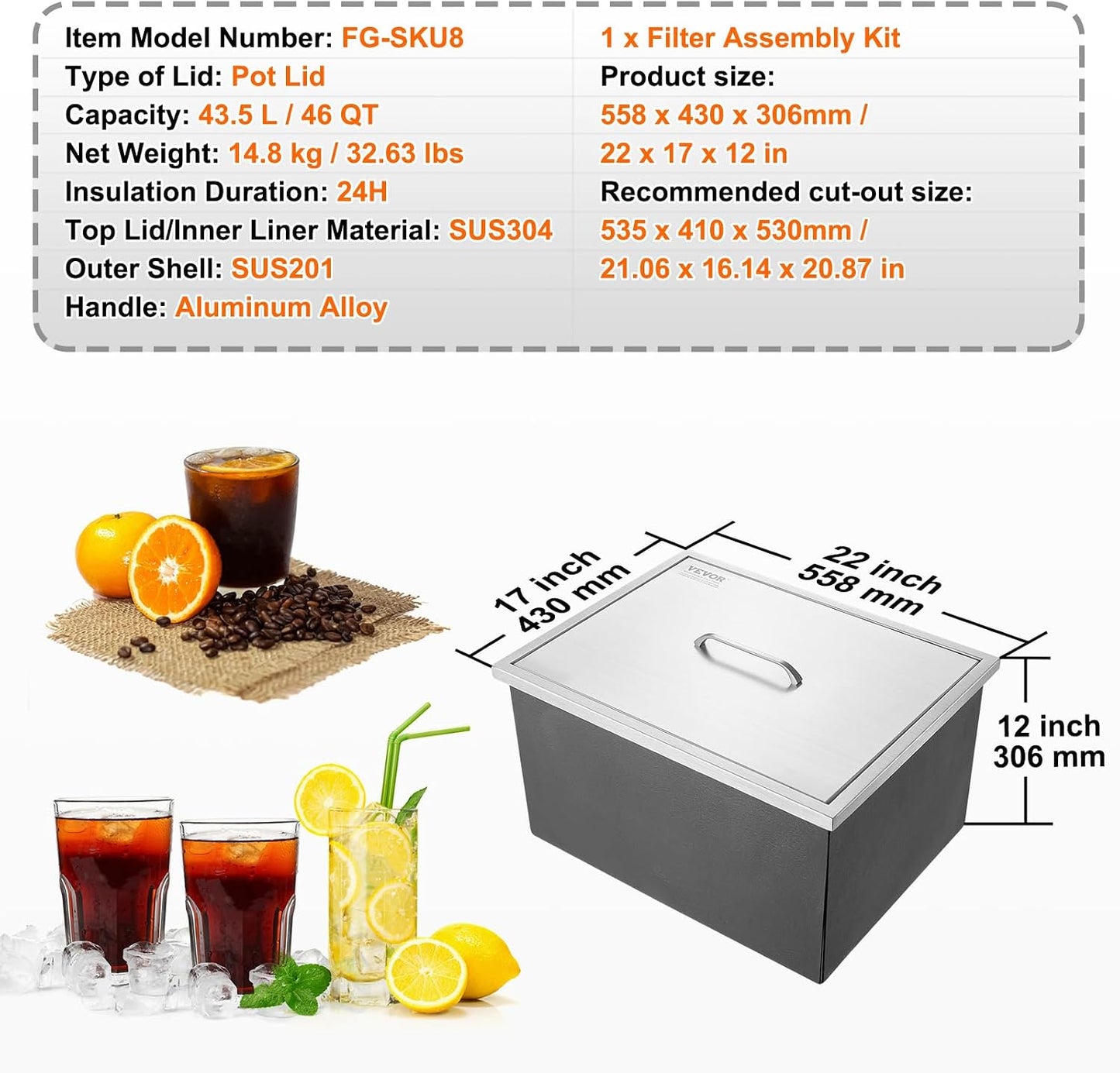 Happybuy Drop in Ice Chest 18L x 12W x 14.5H Inch Stainless Steel Ice Cooler with Sliding Cover Drop in Ice Bin Included Drain-Pipe and Drain Plug for Cold Wine Beer