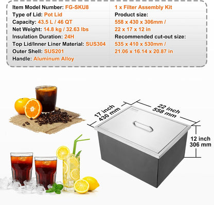 Happybuy Drop in Ice Chest 18L x 12W x 14.5H Inch Stainless Steel Ice Cooler with Sliding Cover Drop in Ice Bin Included Drain-Pipe and Drain Plug for Cold Wine Beer