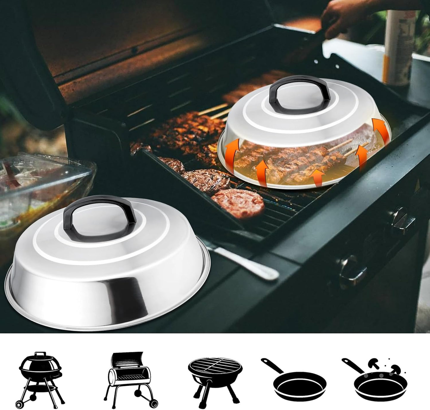 Cheese Melting Dome Set of 2, Leonyo 12" Metal Steam Basting Cover for Griddle Grill, Stainless Steel Griddle Accessories for BBQ Flat Top Kitchen Cooking Hamburger, Dishwasher Safe