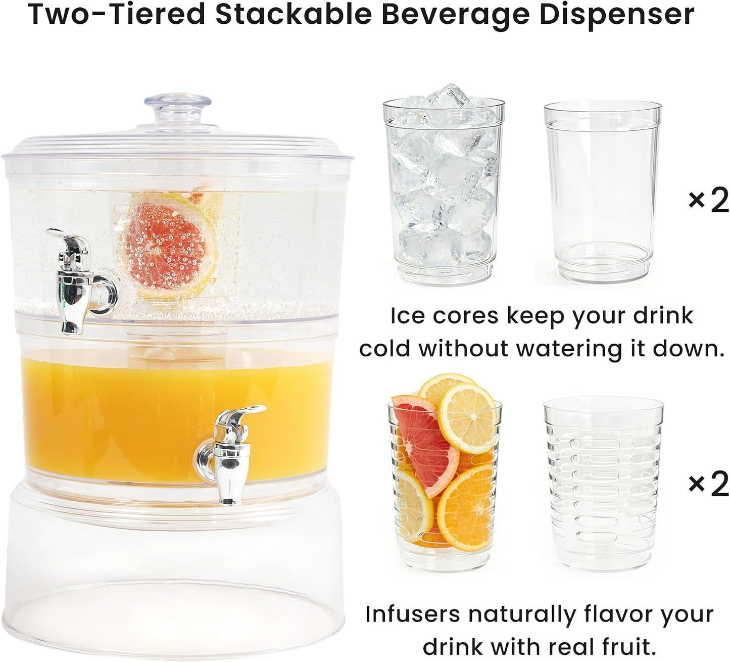 LISI 2-Tier Beverage Dispenser, 2 Gallon Stackable Drink Dispenser with Stand Ice Cores & Infusers, BPA-Free Clear Plastic Double Beverage Server for Parties, Events & Home Use