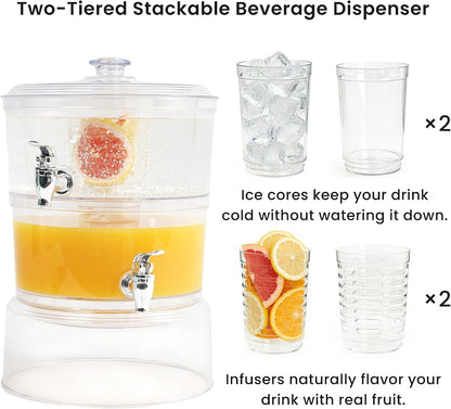 LISI 2-Tier Beverage Dispenser, 2 Gallon Stackable Drink Dispenser with Stand Ice Cores & Infusers, BPA-Free Clear Plastic Double Beverage Server for Parties, Events & Home Use