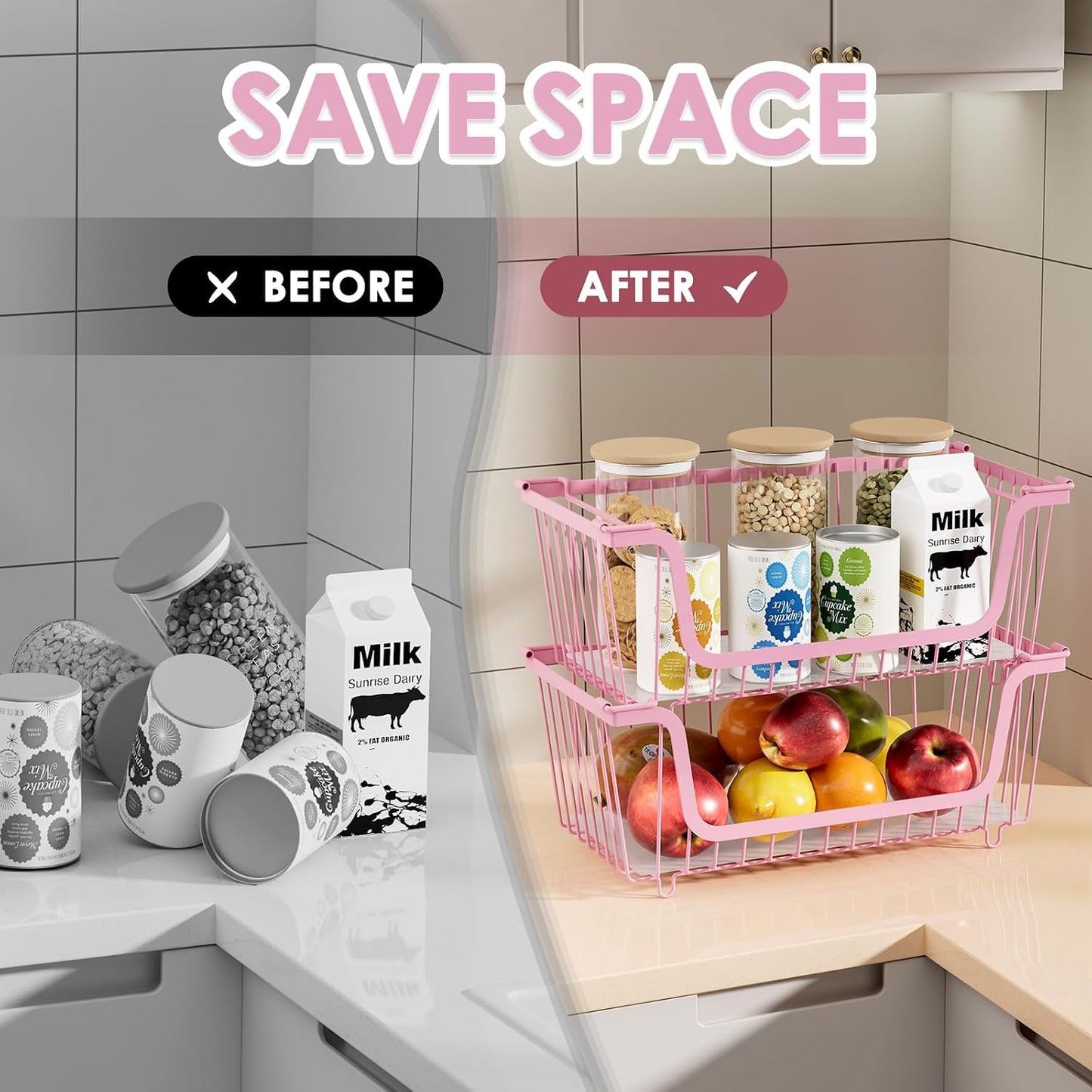 GAOKASE 4 Pcs Stackable Wire Baskets for Pantry Organizers and Storage,Vegetable Fruit Basket for Countertop,Kitchen Storage Metal Baskets,Produce Potato Onion Storage Bin-Black