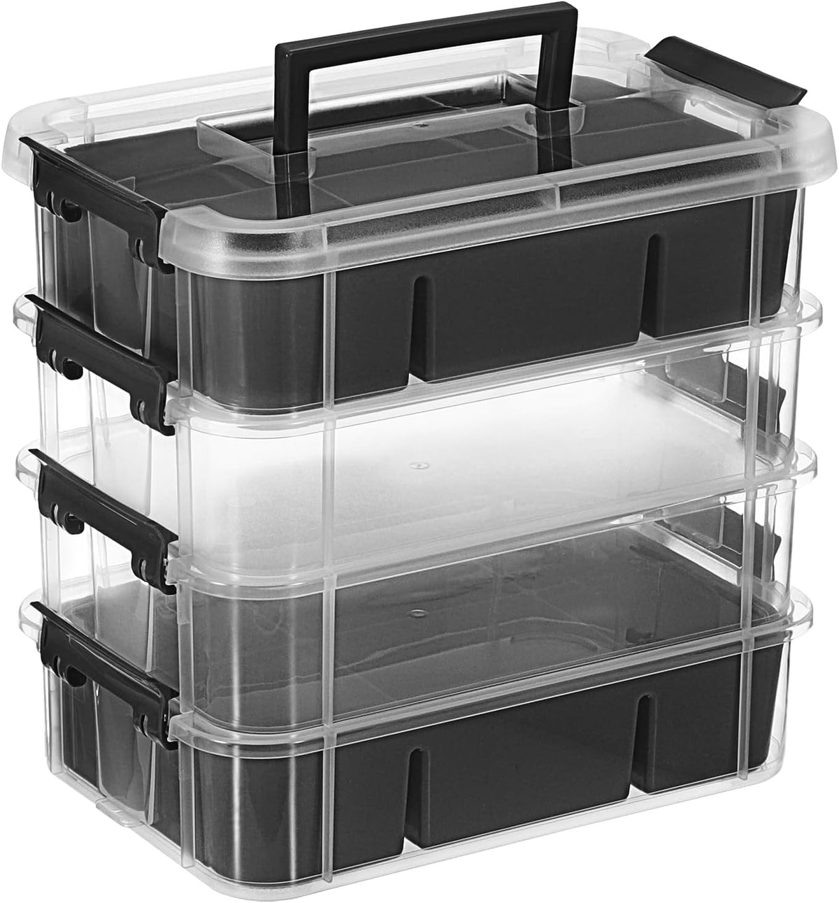 JUXYES 4-Tiers Plastic Stack Carry Storage Containers Box wih Handle Lids | Clear Stackable Latching Storage Bin With 2 Tray for School Office, Organizing Sewing, Art Craft, DIY Supplies, Blue