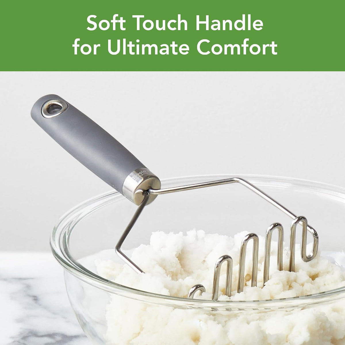 Tovolo Elements Stainless Steel Masher Tool for Mashing Potatoes Avocado Vegetables & More, Dishwasher Safe Potato Masher with Comfort Grip Handle Hanging Loop for Convenient Storage, Charcoal Gray