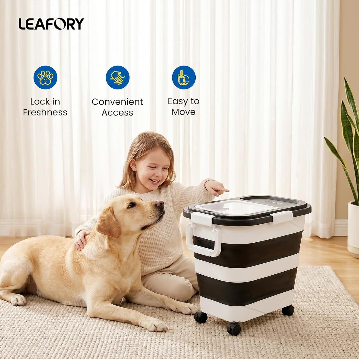 Dog Food Storage Container 20-25lbs, Airtight Pet Food Bin with Locking Lid & Clear Window, Collapsible Rolling Storage Container with Wheels and Scoop, Black