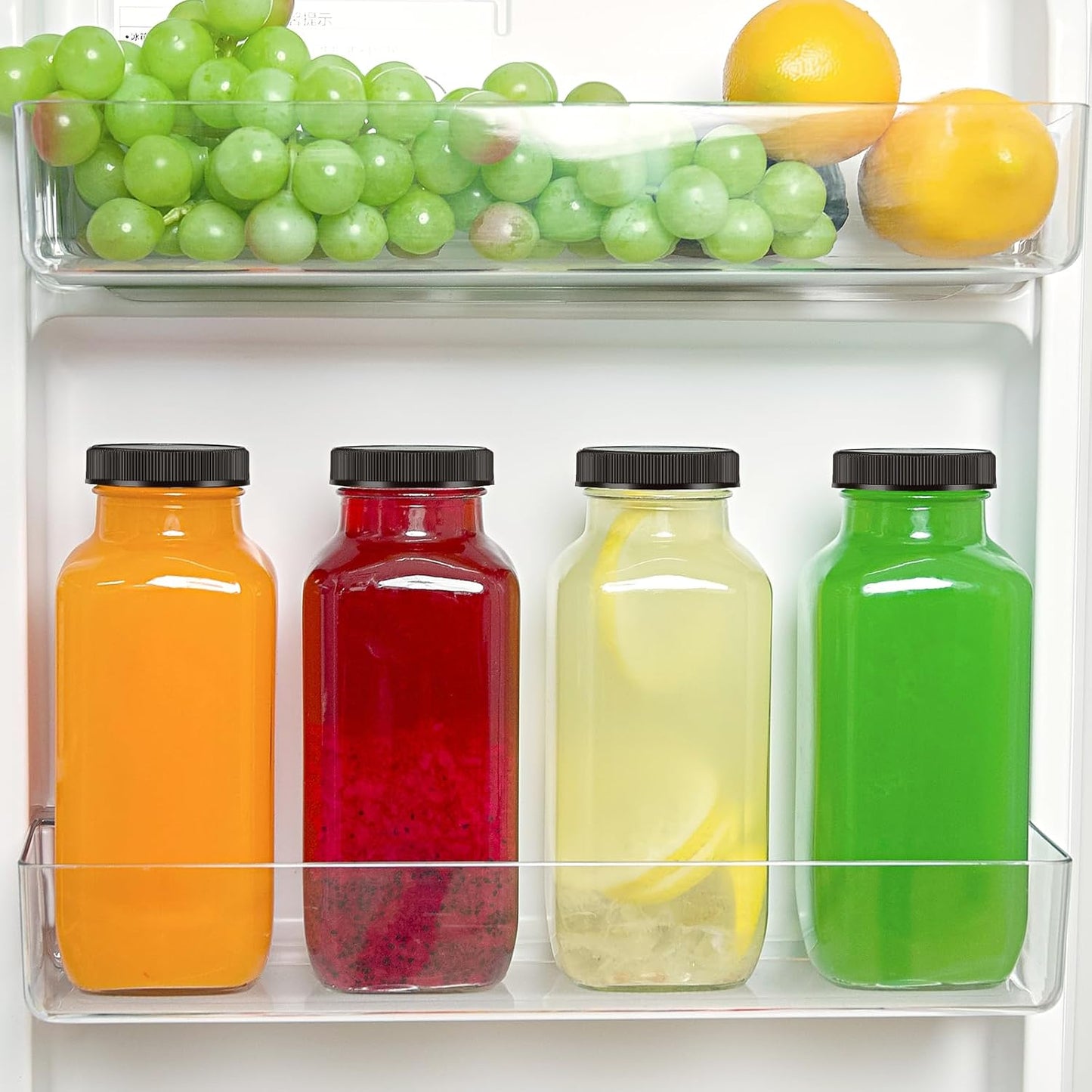 TUZAZO 10 Pack 12 Oz Glass Juice Bottles with Lids, Reusable Travel Drinking Jars Juice Containers, Glass Bottles for Juicing with Brush, Straws, Lids with Hole