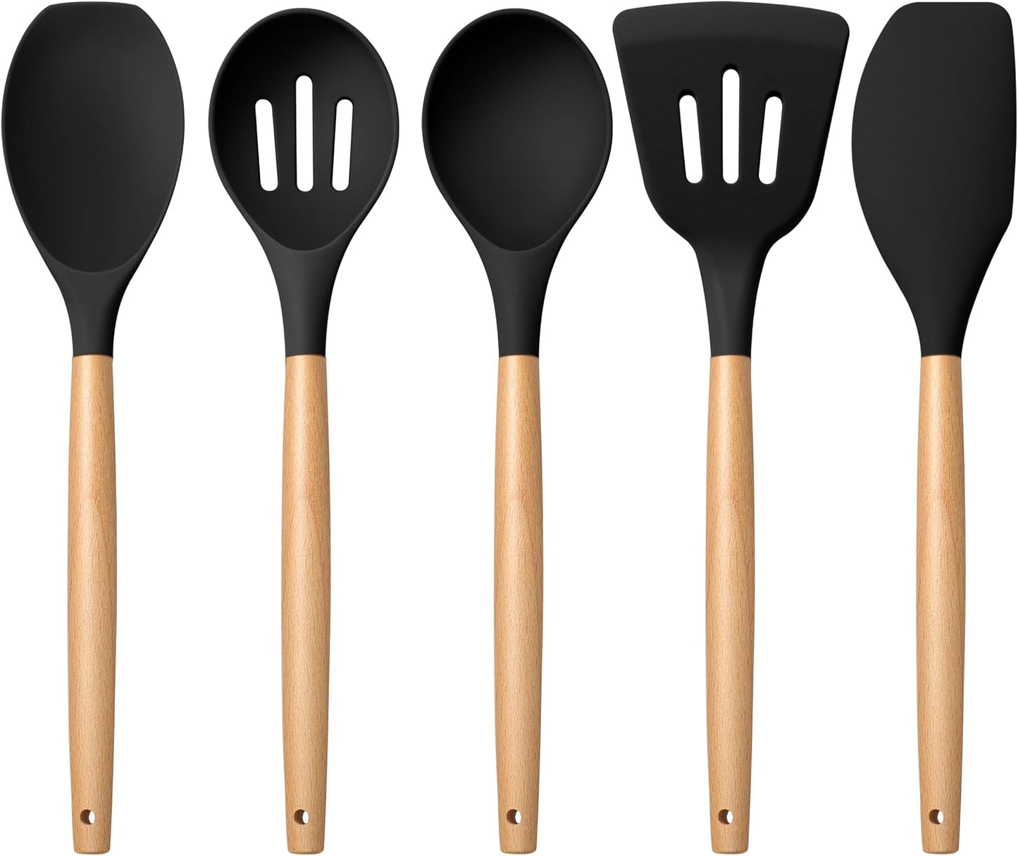 E-far Silicone Cooking Utensils Set, 5-Piece Kitchen Utensils Set with Wooden Handle for Cooking, Silicone Kitchen Nonstick Tools Spatula Turner Slotted Spoons, Nontoxic & Heat Resistant-Khaki