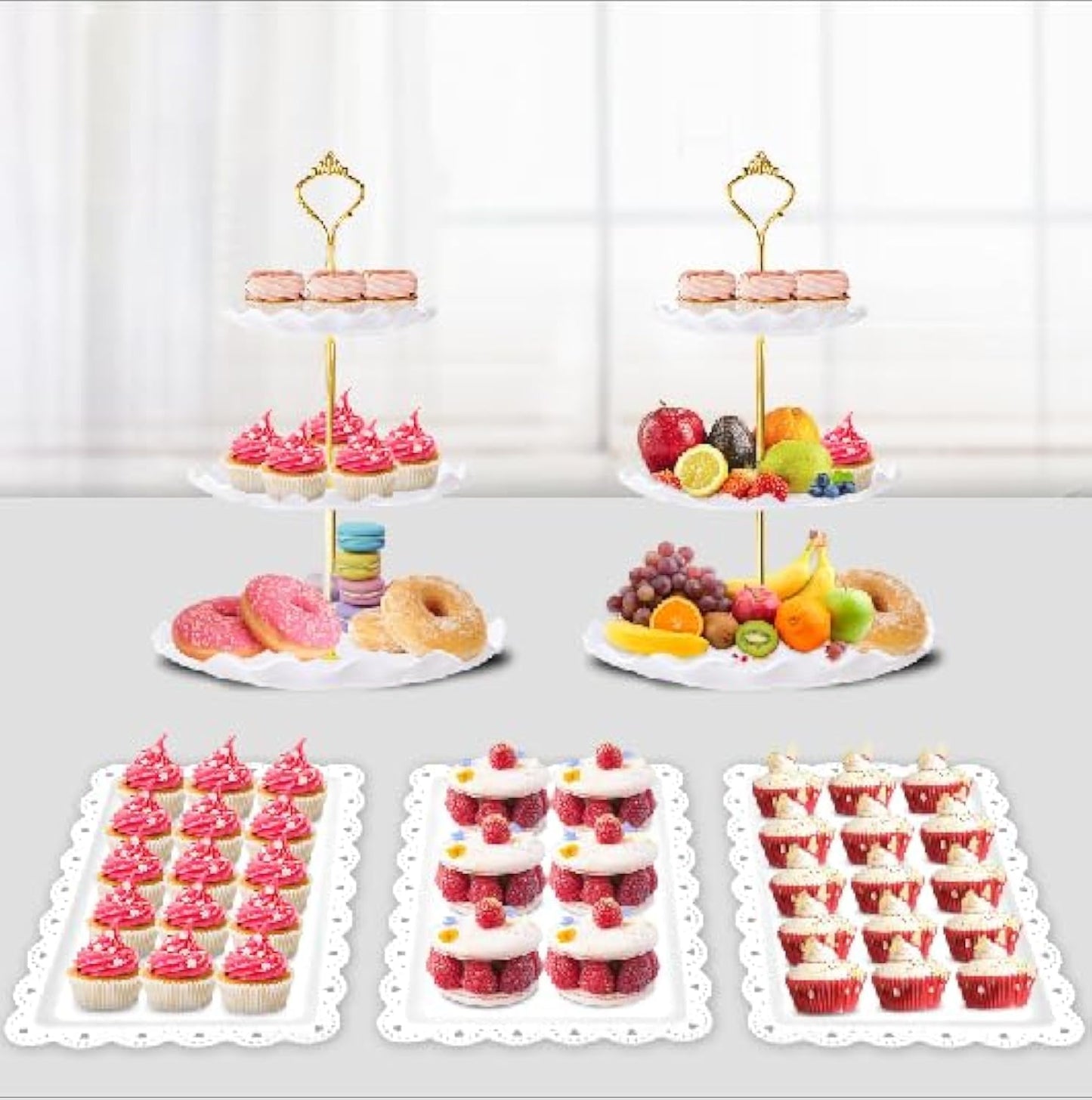 PinCute 5 Pcs Dessert Table Display Set - 2 X Cupcake Stand Holder/Cup Cake Tier Tower & 3 X Serving Tray Combo for Tea Party, Birthday, Baby Shower (Wave Square)