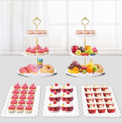 PinCute 5 Pcs Dessert Table Display Set - 2 X Cupcake Stand Holder/Cup Cake Tier Tower & 3 X Serving Tray Combo for Tea Party, Birthday, Baby Shower (Wave Square)