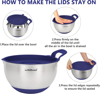 Hillbond Stainless Steel Bowls with Lids Set Mixing Bowls with Pour Spout, Silicone Handle and Non-Slip Bottoms for Baking, Metal Bowls Mixing Dishwasher Safe, Set of 3, Mother’s Day Gift (Black)