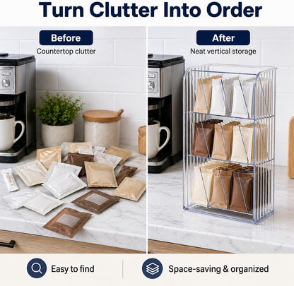 Drink Packet Organizer, 9-Compartment Water Flavor Packet Holder with Removable Dividers, Adjustable Tea Bag and Sugar Packet Storage Bin with Adhesive Stickers for Pantry, Fridge, Cabinet