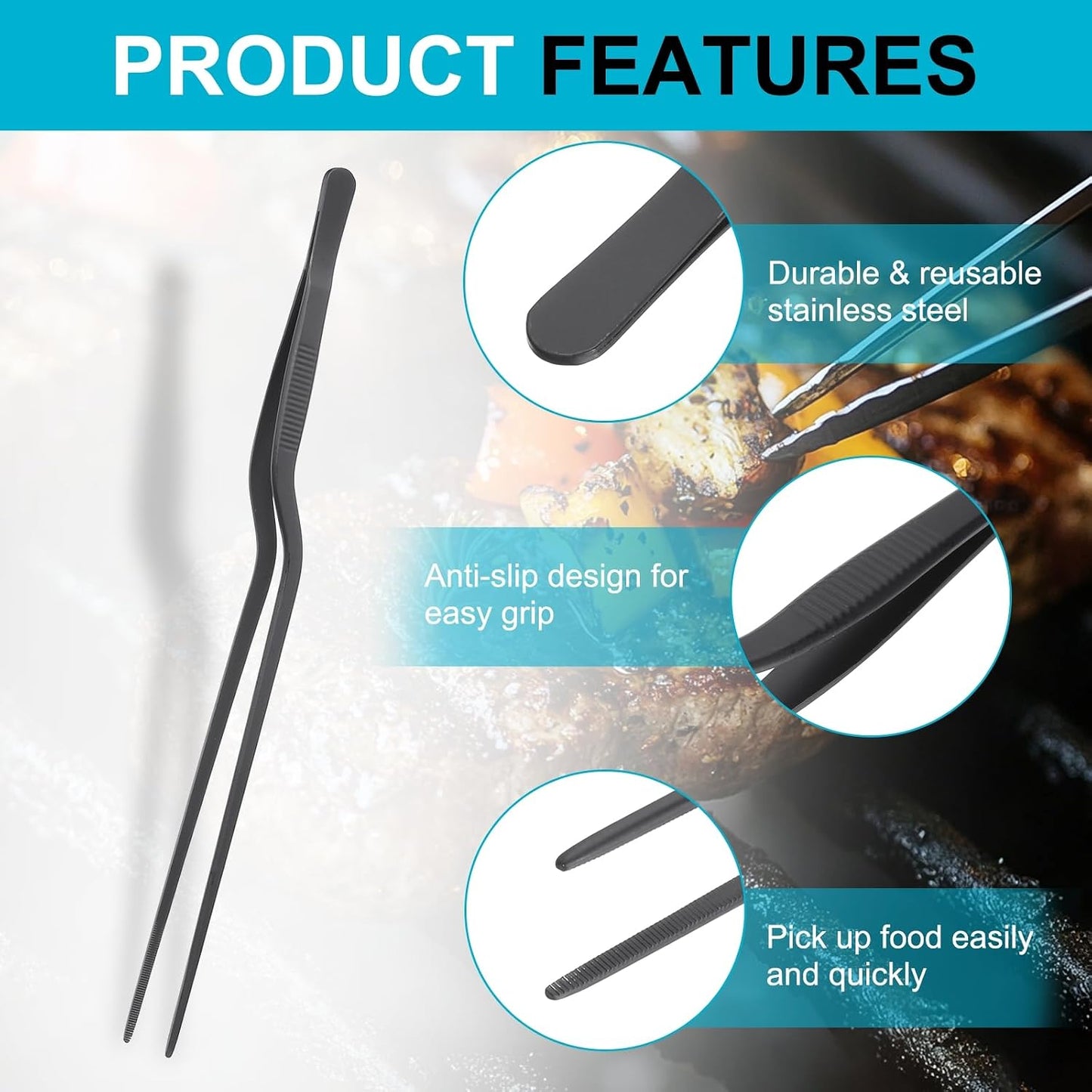 uxcell Kitchen Tweezers Stainless Steel, 10 Inch Food Tongs Fine Cooking Tweezers Set Extra-Long Tweezer Tongs for Cooking Grill Baking BBQ, Black Clip