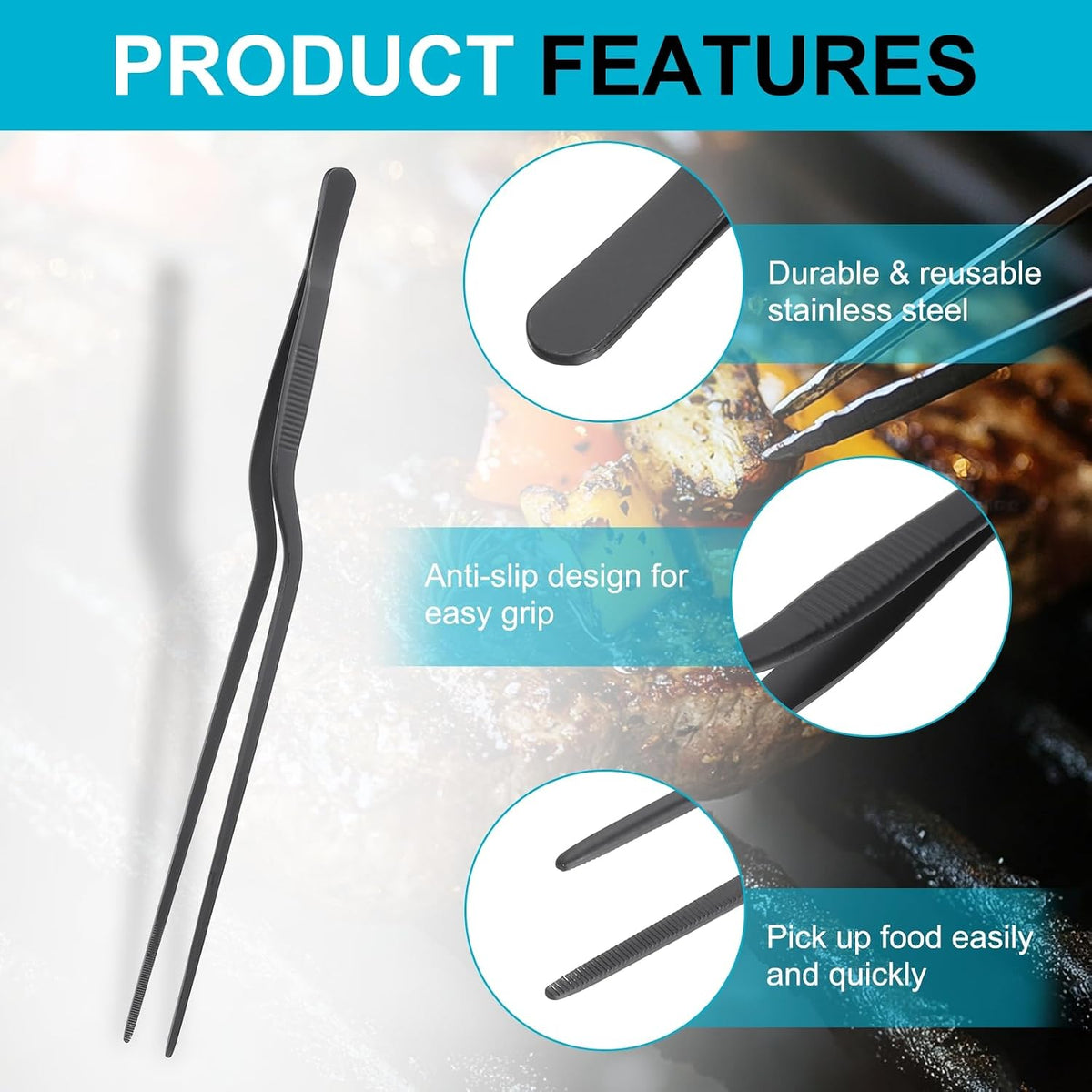 uxcell Kitchen Tweezers Stainless Steel, 10 Inch Food Tongs Fine Cooking Tweezers Set Extra-Long Tweezer Tongs for Cooking Grill Baking BBQ, Black Clip