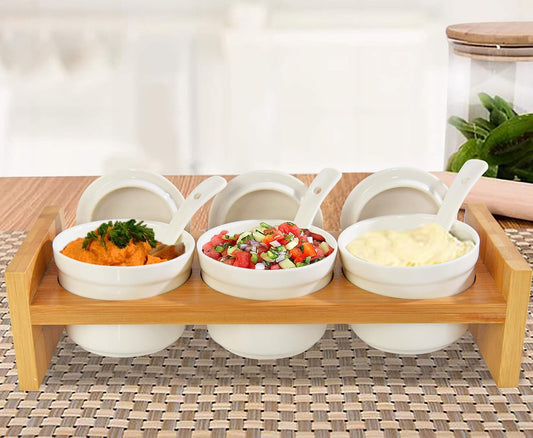 Home-X Bamboo and Ceramic Condiment Tray - Ideal Serving Dish for Hosting Entertaining, Party Essential, Taco Bar, Includes Dip Bowls, Spoons, Lids and Serving Platter, Salsa, Chips, Veggies, Fruits