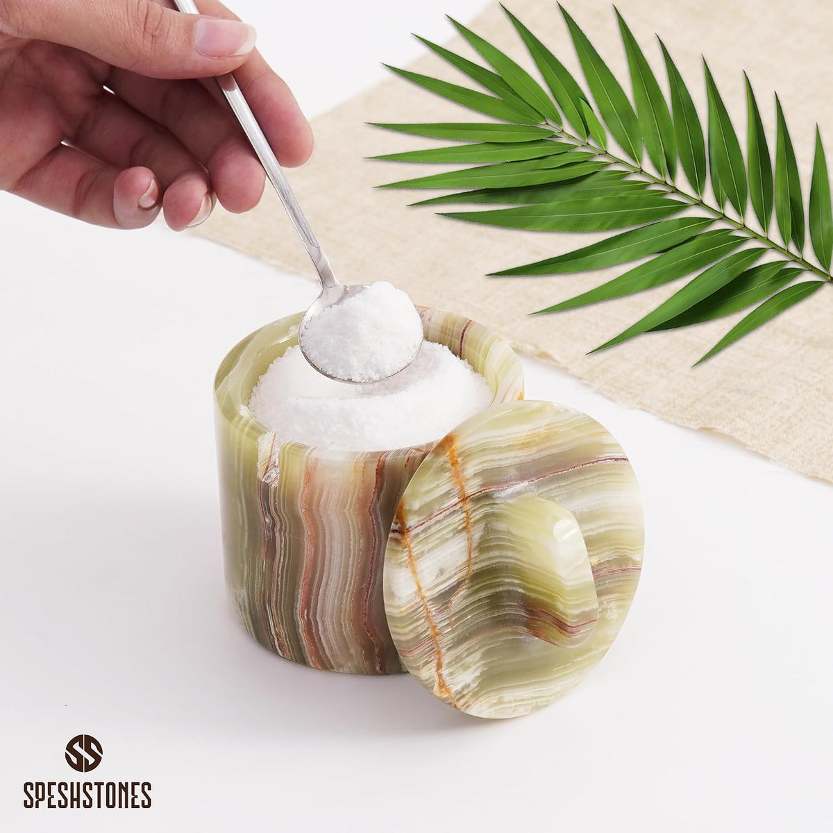 Marble Salt Cellar with Lid & Spoon 4 Inch, Green
