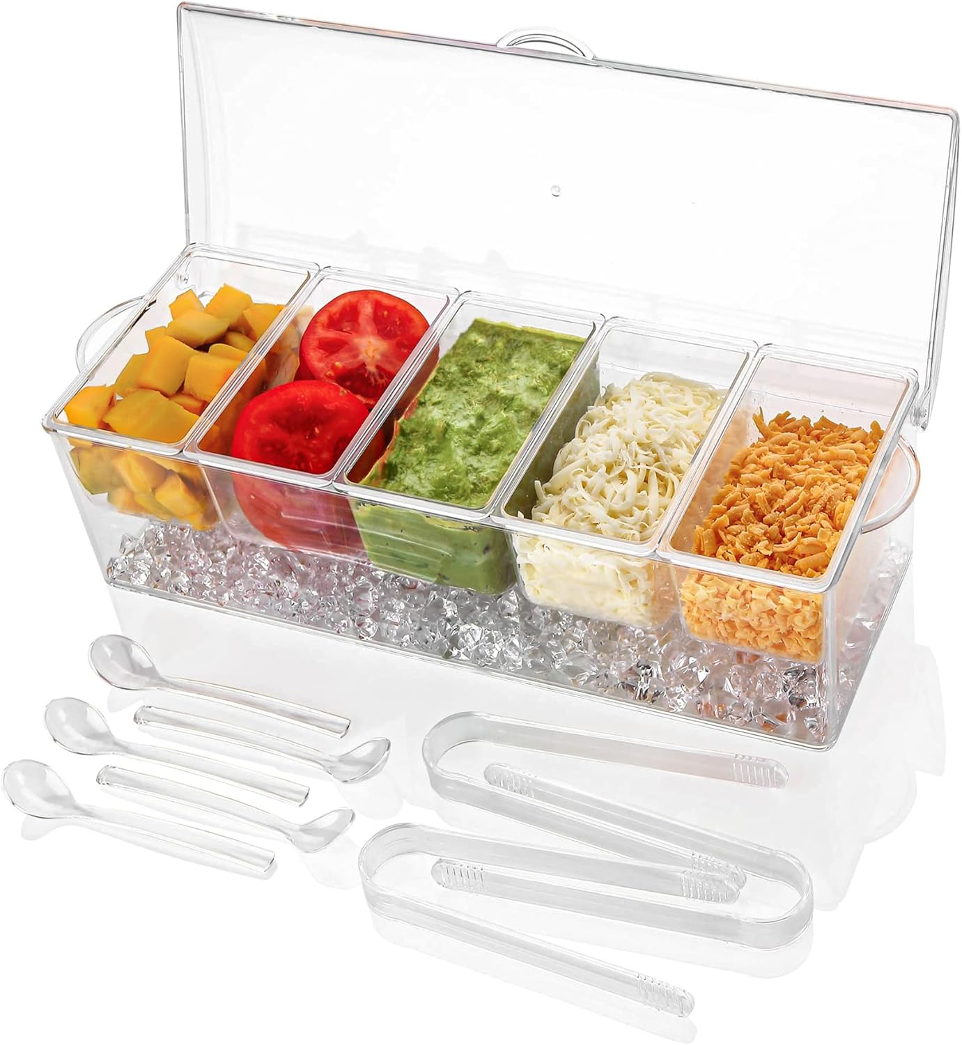 IVYHOME 3-Tier Chilled Serving Tray with Lid, 15" Fruit Ice Serving Platter with 4 Compartments, Shrimp Cocktail Serving Dish, Divided Serving Bowl for Parties