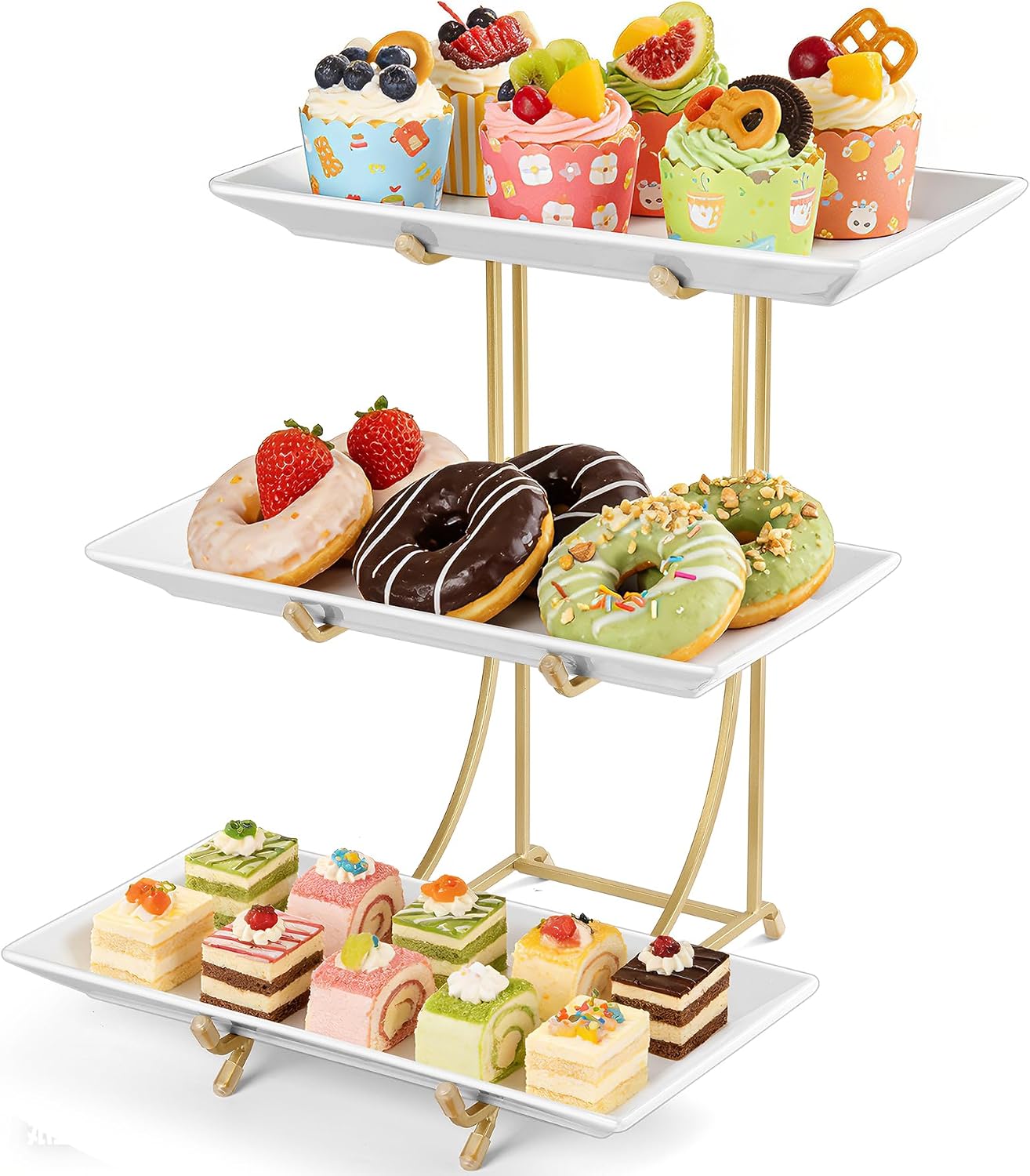 Yedio 3 Tier Serving Tray Set – 12 Inch Porcelain Serving Platters with Pre-Assembled Gold Metal Stand, No Installation Required, Tiered Tray for Dessert Fruit Food Display and Party Entertaining