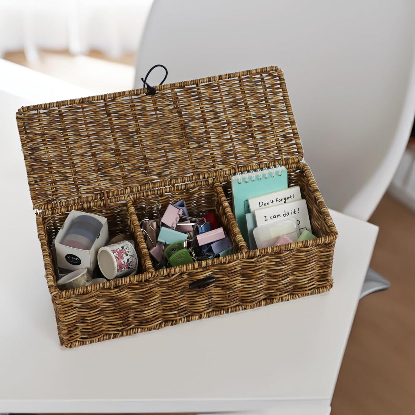 Water Hyacinth Storage Basket with Lid, Rectangular Tank Woven Wicker Baskets with Sections, Decorative Box for Snack Toys Bathroom (Water Hyacinth)