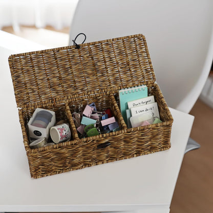 Water Hyacinth Storage Basket with Lid, Rectangular Tank Woven Wicker Baskets with Sections, Decorative Box for Snack Toys Bathroom (Water Hyacinth)