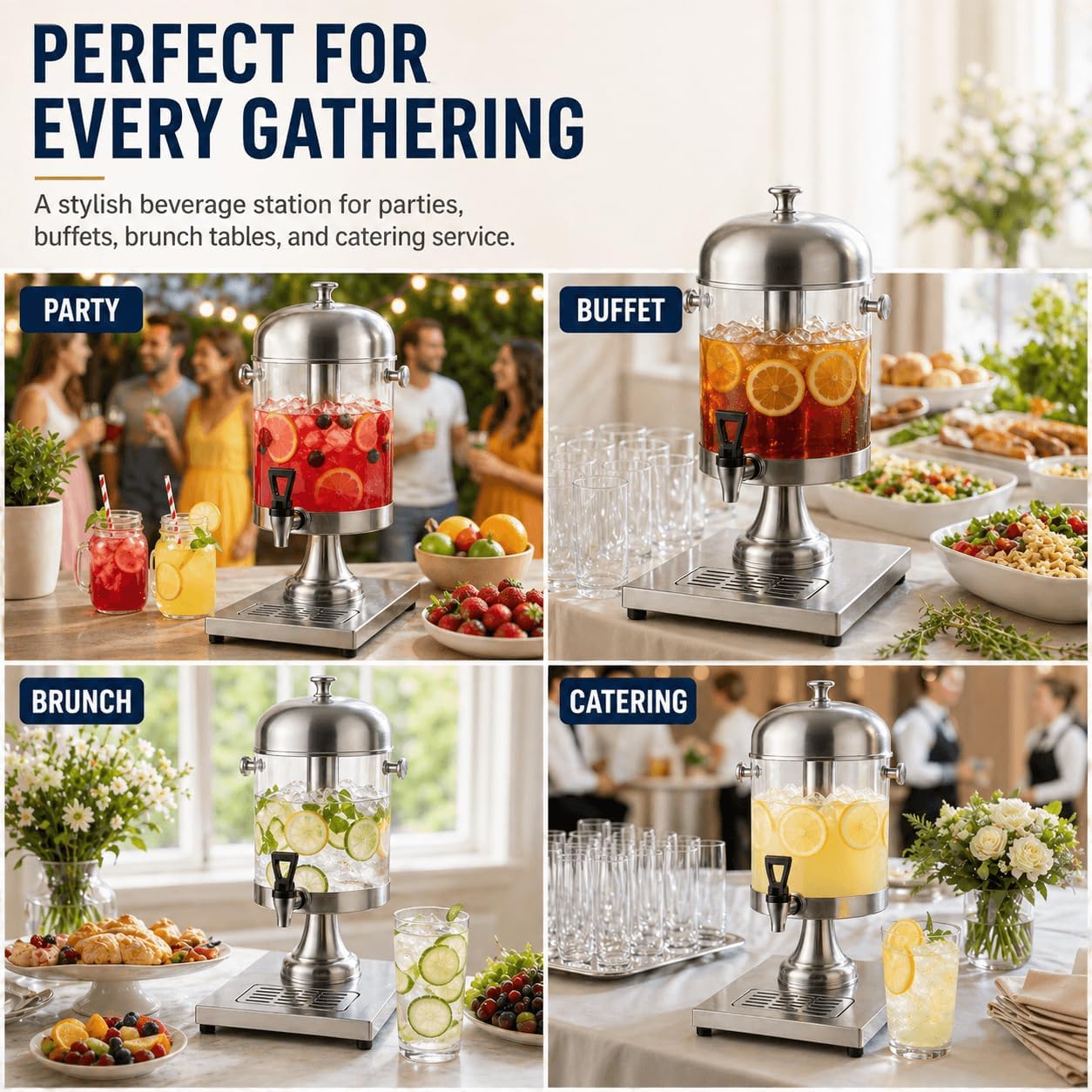 4.4 Gallon Beverage Dispenser with Ice Core | Stainless steel drink dispenser with stand and ice core for cold drinks, juice, lemonade, iced tea, parties, and events.