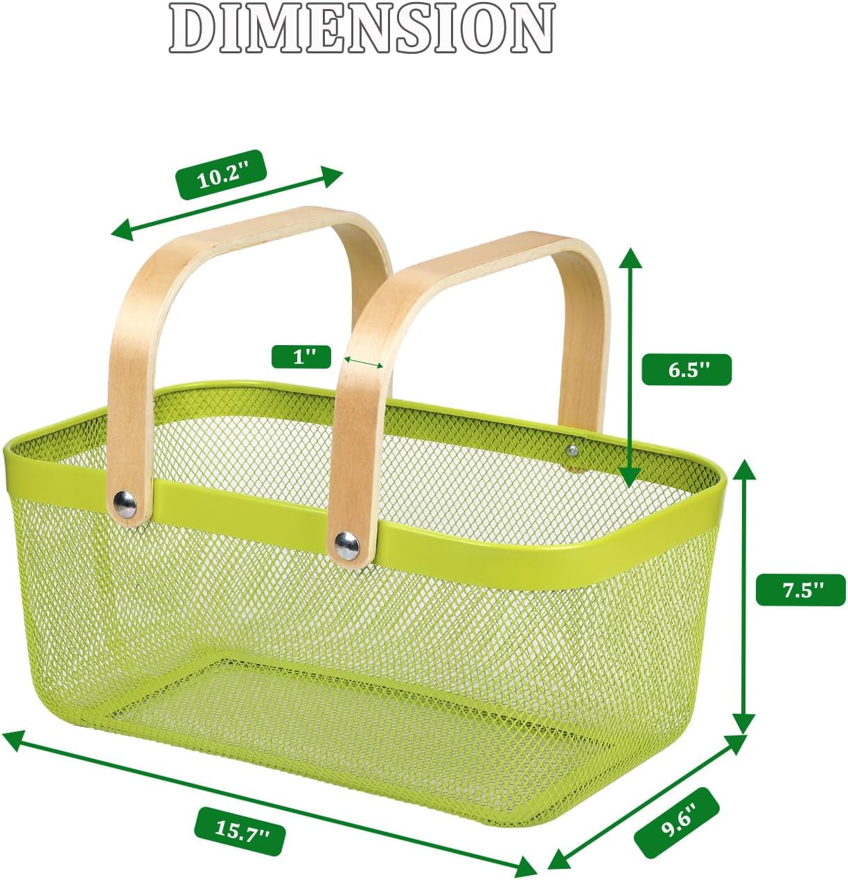Coloful Metal Mesh Wire Basket with Foldable Wooden Handle,Bin Garden Fruit Vegetable Storage Hanging Harvest Holder for Kitchen Bathroom Picnic (Yellowish Green, Cuboid-15.7 x 9.5 x 7.2“)