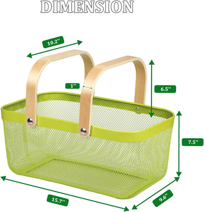 Coloful Metal Mesh Wire Basket with Foldable Wooden Handle,Bin Garden Fruit Vegetable Storage Hanging Harvest Holder for Kitchen Bathroom Picnic (Yellowish Green, Cuboid-15.7 x 9.5 x 7.2“)