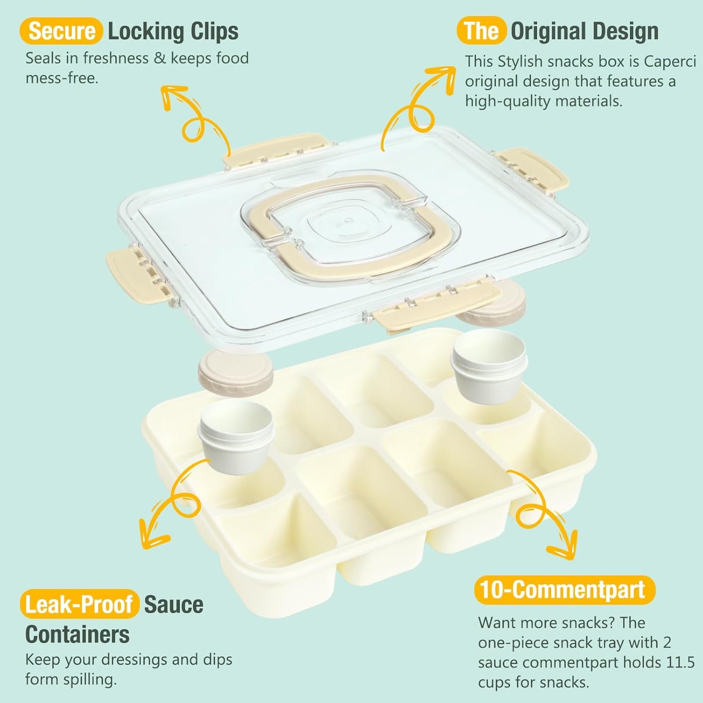 Caperci 2 Pack Snackle Box Container - Portable 10 Compartment Divided Snack Serving Tray with Lid & Handle, Built-in 4 Leak-Proof Sauce Containers, Dishwasher Safe, BPA-Free(Milky White)