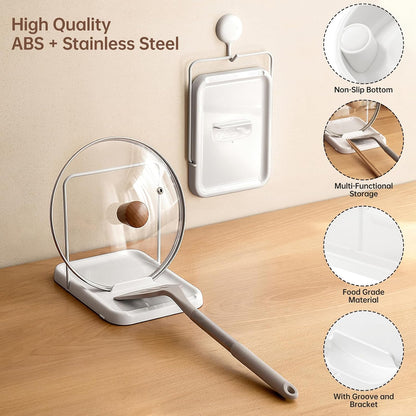 PAVSTINE Pot Lid Holder with Spoon Rest, Foldable, White
