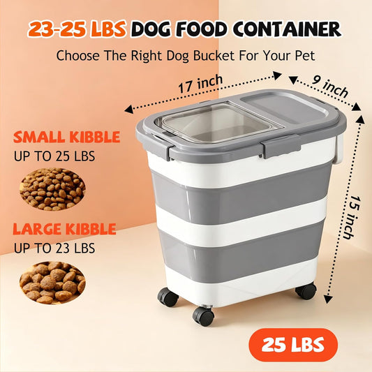 23-25-Liter Foldable Airtight Dog Food Container with Airtight Lid, Wheels, Handle, and Scoop; Large Cat Food Storage Bin; Pet Food Storage Container