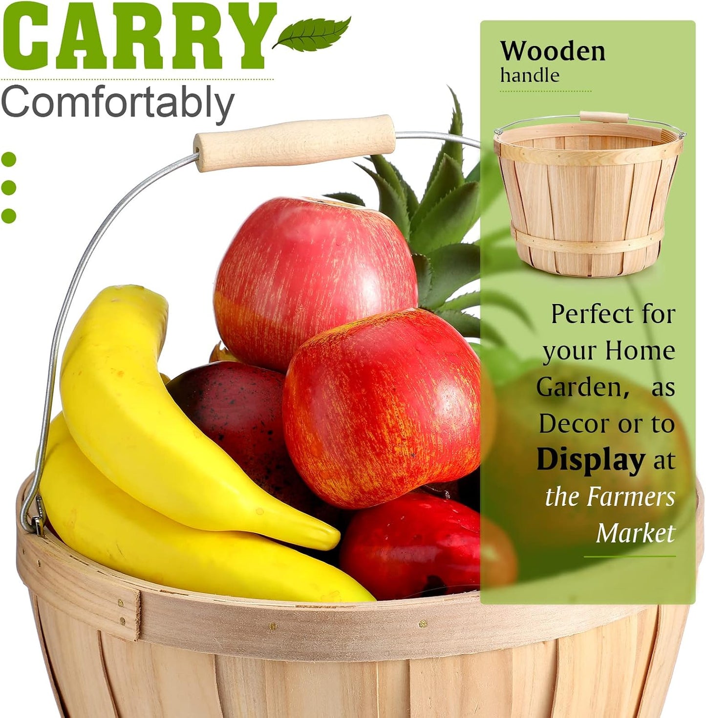 6 Pack 11 x 6.7'' Large Round Wooden Baskets with Handles, Handmade Wood Basket, Bushel Baskets, Farmers Market Baskets, Apple Baskets, Wooden Baskets for Indoors Outside Personal or Commercial Use