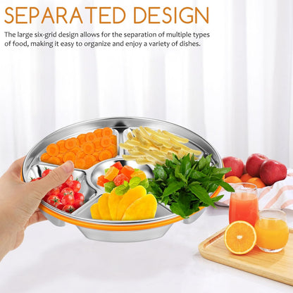 Luxshiny Divided Serving Tray with Lid 6 Compartments Stainless Steel Snack Tray Vegetable Fruit Platter for Family Gatherings Picnics and Office Lunches