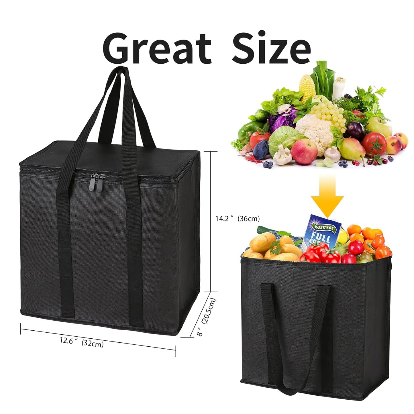 musbus 2-Pack, XL-Large Insulated Grocery Shopping Bags, Black, Reusable Bag,Thermal Zipper,Collapsible,Tote,Cooler,Food Transport hot and Cold,Camping