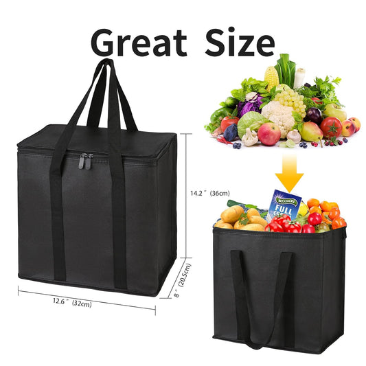 musbus 2-Pack, XL-Large Insulated Grocery Shopping Bags, Black, Reusable Bag,Thermal Zipper,Collapsible,Tote,Cooler,Food Transport hot and Cold,Camping